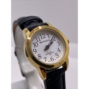 Miykon Womens Gold Tone Black Leather Watch Works New Battery